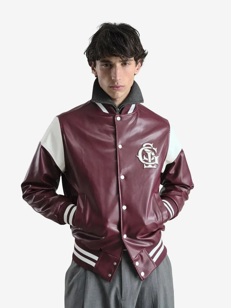 Giesto Burgundy Red GIESTO Faux Leather Relaxed Fit Jacket with Embroidery for Men | Best Price UAE